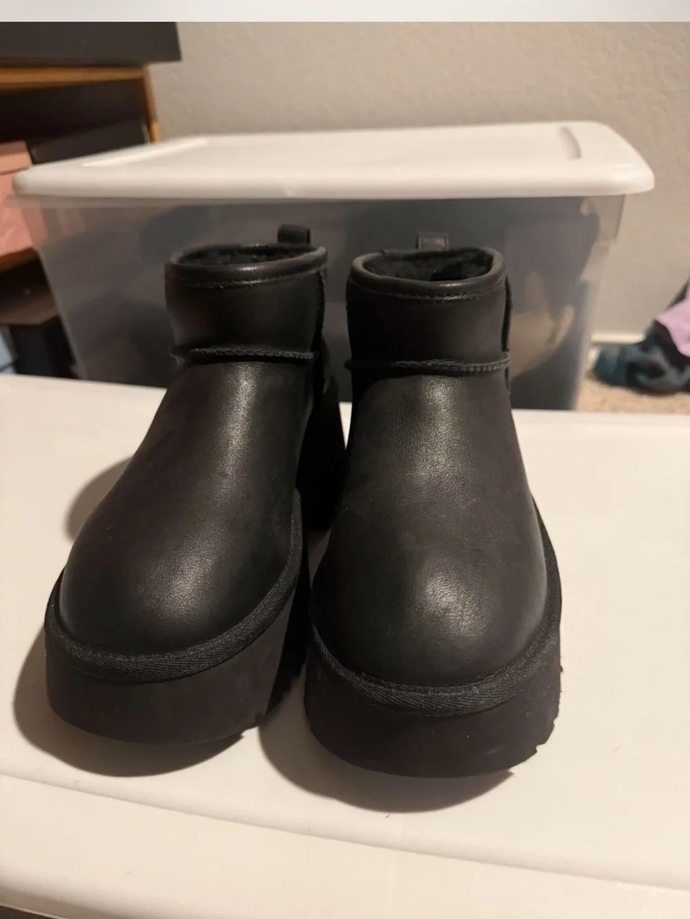 UGG Black Leather New Heights Platform Ankle Booties